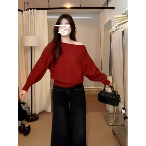 一字肩紅色針織毛衣女2025新款聖誕穿搭獨特超好看秋冬季露肩上衣
