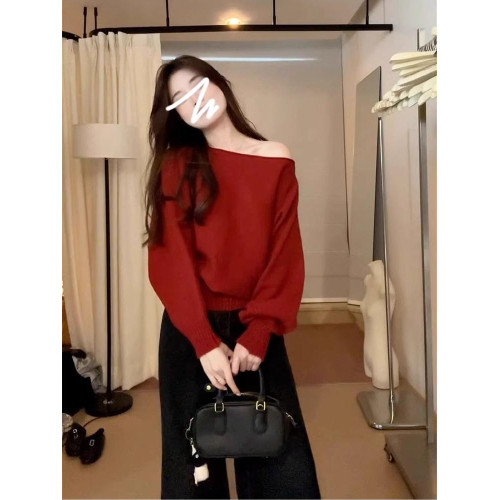 一字肩紅色針織毛衣女2025新款聖誕穿搭獨特超好看秋冬季露肩上衣