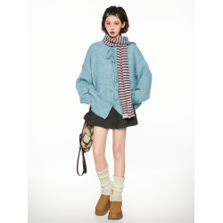 藍色蝴蝶結毛衣外套女春秋季加厚寬松慵懶風2025新款針織開衫上衣