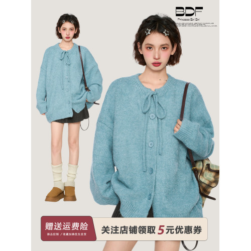 藍色蝴蝶結毛衣外套女春秋季加厚寬松慵懶風2025新款針織開衫上衣