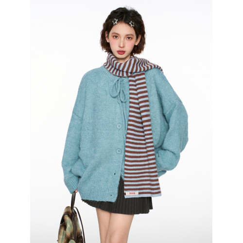 藍色蝴蝶結毛衣外套女春秋季加厚寬松慵懶風2025新款針織開衫上衣