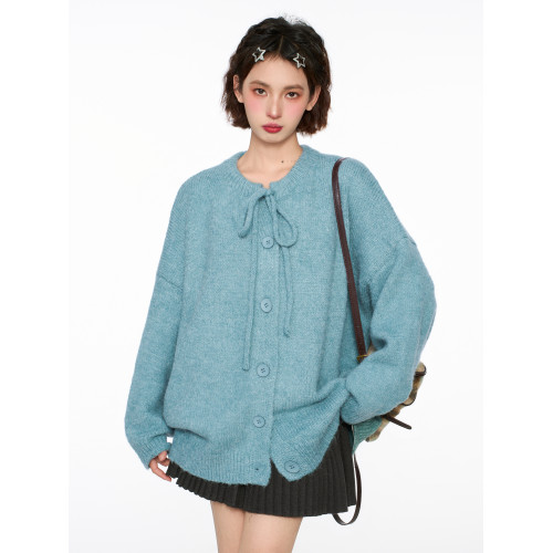 藍色蝴蝶結毛衣外套女春秋季加厚寬松慵懶風2025新款針織開衫上衣