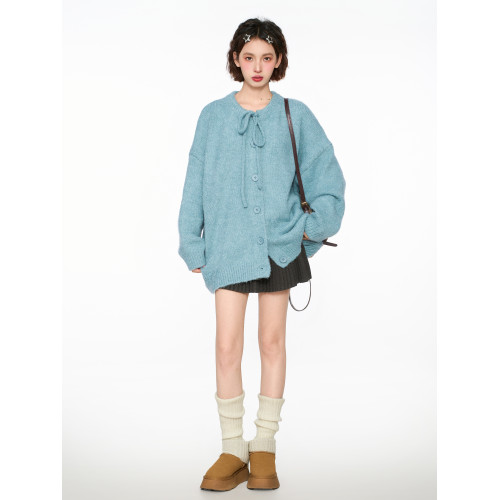 藍色蝴蝶結毛衣外套女春秋季加厚寬松慵懶風2025新款針織開衫上衣