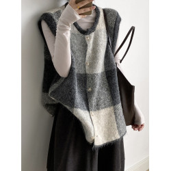 復古撞色格子針織衫馬甲女2025秋季新款寬松圓領背心開衫毛衣外套