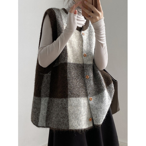 復古撞色格子針織衫馬甲女2025秋季新款寬松圓領背心開衫毛衣外套