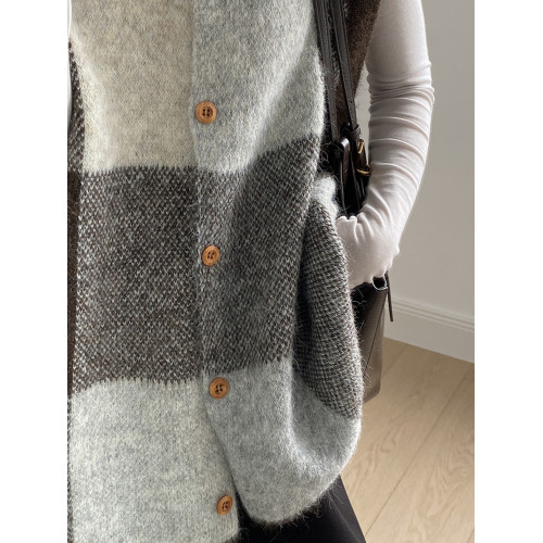 復古撞色格子針織衫馬甲女2025秋季新款寬松圓領背心開衫毛衣外套