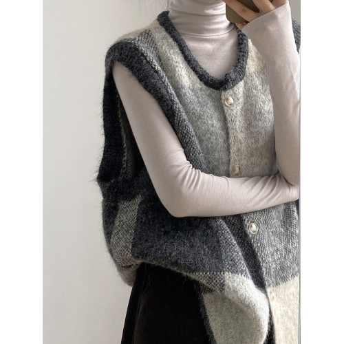 復古撞色格子針織衫馬甲女2025秋季新款寬松圓領背心開衫毛衣外套