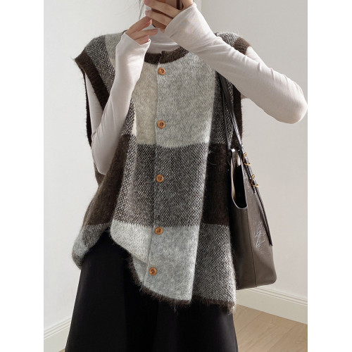 復古撞色格子針織衫馬甲女2025秋季新款寬松圓領背心開衫毛衣外套