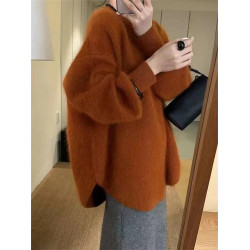 歐貨慵懶風橘色浣熊絨毛衣女冬寬松中長款套頭上衣氣質減齡針織衫