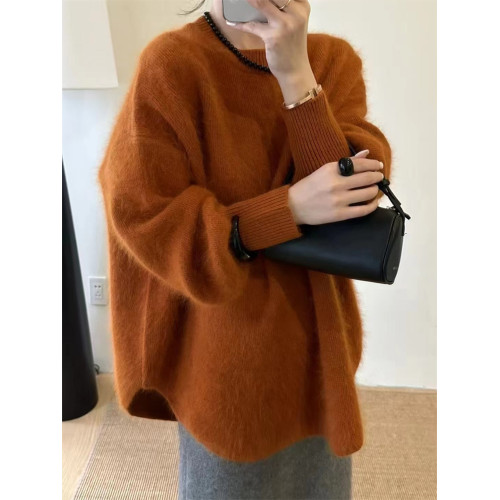 歐貨慵懶風橘色浣熊絨毛衣女冬寬松中長款套頭上衣氣質減齡針織衫
