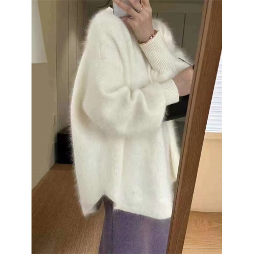 歐貨慵懶風橘色浣熊絨毛衣女冬寬松中長款套頭上衣氣質減齡針織衫