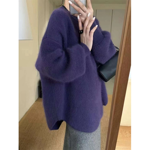 歐貨慵懶風橘色浣熊絨毛衣女冬寬松中長款套頭上衣氣質減齡針織衫