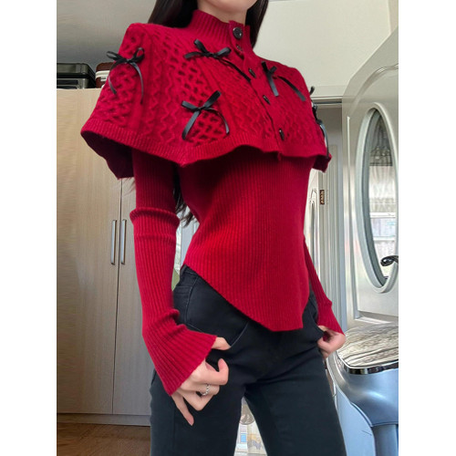 聖誕穿搭戰袍紅色鬭篷披肩毛衣女秋冬季高級感針織衫上衣兩件套裝