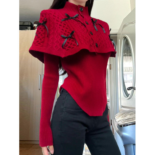 聖誕穿搭戰袍紅色鬭篷披肩毛衣女秋冬季高級感針織衫上衣兩件套裝