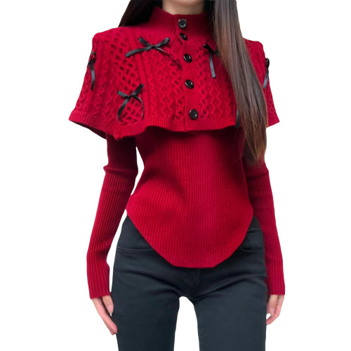 聖誕穿搭戰袍紅色鬭篷披肩毛衣女秋冬季高級感針織衫上衣兩件套裝