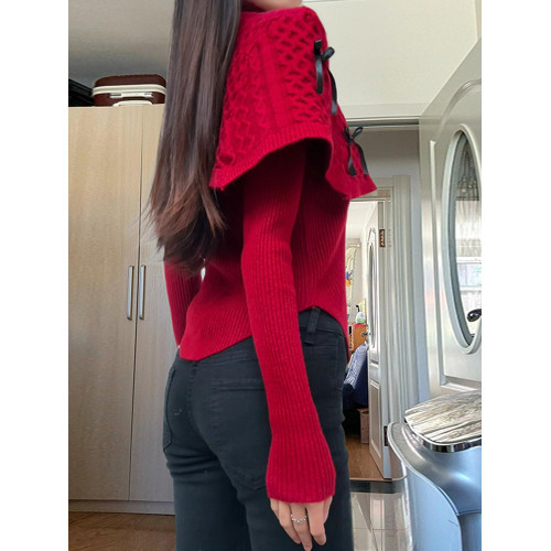 聖誕穿搭戰袍紅色鬭篷披肩毛衣女秋冬季高級感針織衫上衣兩件套裝