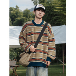 秋冬山系復古撞色條紋毛衣高街潮牌情侶上衣外套美式保暖針織衫男