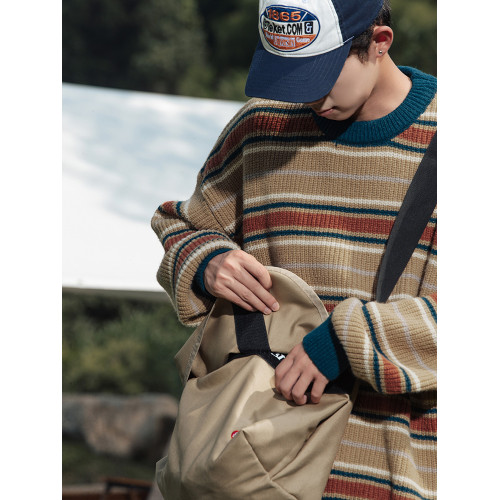 秋冬山系復古撞色條紋毛衣高街潮牌情侶上衣外套美式保暖針織衫男