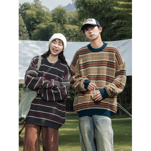 秋冬山系復古撞色條紋毛衣高街潮牌情侶上衣外套美式保暖針織衫男
