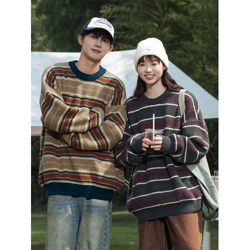 秋冬山系復古撞色條紋毛衣高街潮牌情侶上衣外套美式保暖針織衫男