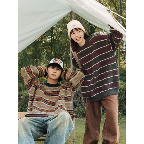 秋冬山系復古撞色條紋毛衣高街潮牌情侶上衣外套美式保暖針織衫男