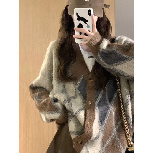 大碼胖妹妹V領毛衣女秋冬設計感日系復古慵懶風軟糯開衫針織外套