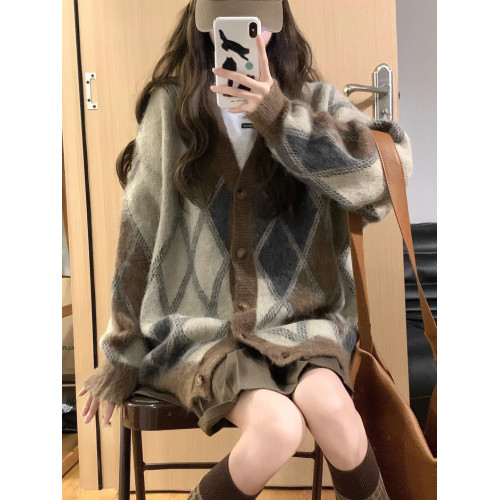 大碼胖妹妹V領毛衣女秋冬設計感日系復古慵懶風軟糯開衫針織外套