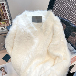 法式甜美溫柔風軟糯水貂絨v領毛衣男女冬季奶fufu加厚針織衫外套