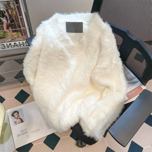 法式甜美溫柔風軟糯水貂絨v領毛衣男女冬季奶fufu加厚針織衫外套