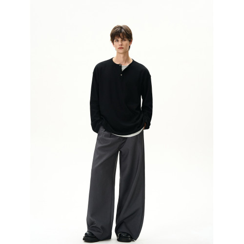 MaxDstr美式復古亨利領假兩件設計華夫格長袖T恤男女寬松純色上衣