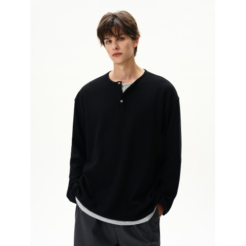 MaxDstr美式復古亨利領假兩件設計華夫格長袖T恤男女寬松純色上衣