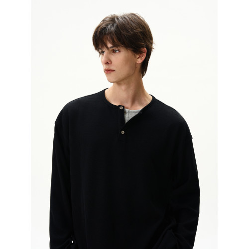 MaxDstr美式復古亨利領假兩件設計華夫格長袖T恤男女寬松純色上衣