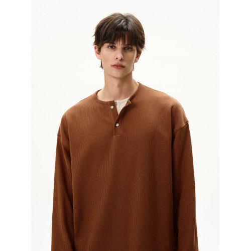 MaxDstr美式復古亨利領假兩件設計華夫格長袖T恤男女寬松純色上衣