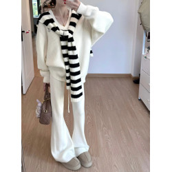 韓系撞色披肩白色毛衣女秋冬2025新款寬松慵懶松弛感穿搭針織上衣