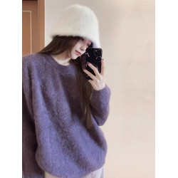 高級感浣熊絨紫色毛衣女秋冬軟糯加厚保暖馬海毛圓領氣質針織上衣