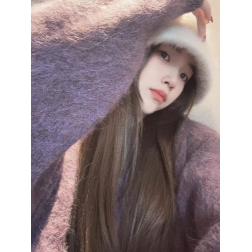 高級感浣熊絨紫色毛衣女秋冬軟糯加厚保暖馬海毛圓領氣質針織上衣