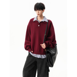 酒紅色假兩件針織衫男女冬季美式潮牌亨利領毛衣復古寬松休閒線衣