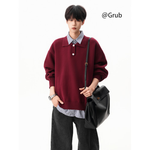 酒紅色假兩件針織衫男女冬季美式潮牌亨利領毛衣復古寬松休閒線衣