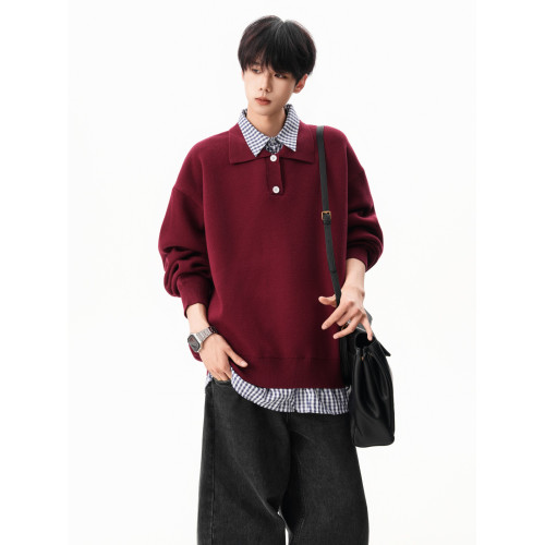 酒紅色假兩件針織衫男女冬季美式潮牌亨利領毛衣復古寬松休閒線衣