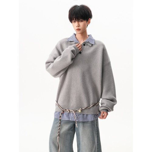 酒紅色假兩件針織衫男女冬季美式潮牌亨利領毛衣復古寬松休閒線衣