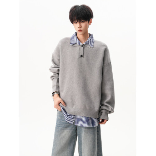 酒紅色假兩件針織衫男女冬季美式潮牌亨利領毛衣復古寬松休閒線衣