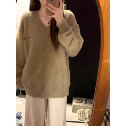 仿水貂絨毛衣女秋冬季慵懶風外穿V領針織衫高級感學院風寬松上衣