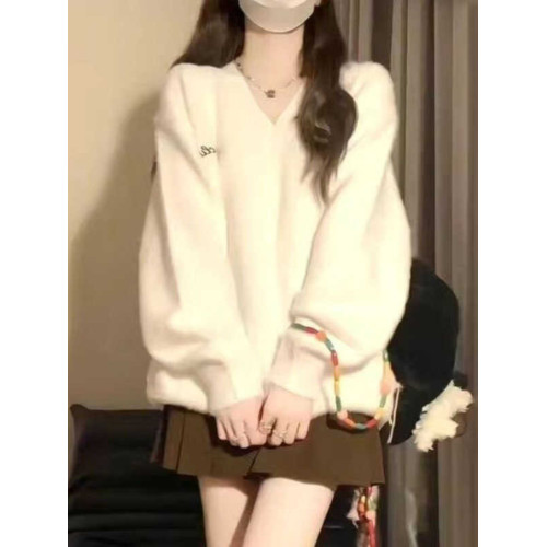 仿水貂絨毛衣女秋冬季慵懶風外穿V領針織衫高級感學院風寬松上衣