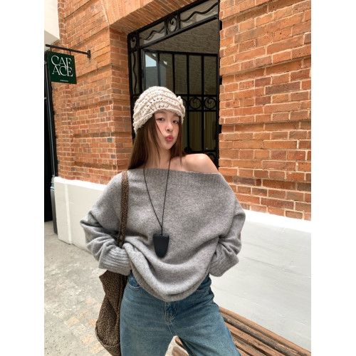 NEW OPEN2024秋季日韓休閒慵懶風馬卡龍色斜肩毛衣女