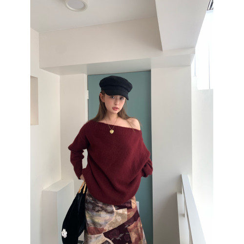 NEW OPEN2024秋季日韓休閒慵懶風馬卡龍色斜肩毛衣女