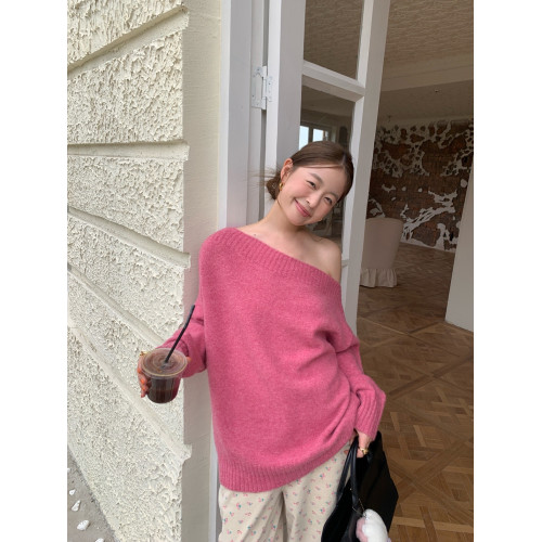 NEW OPEN2024秋季日韓休閒慵懶風馬卡龍色斜肩毛衣女
