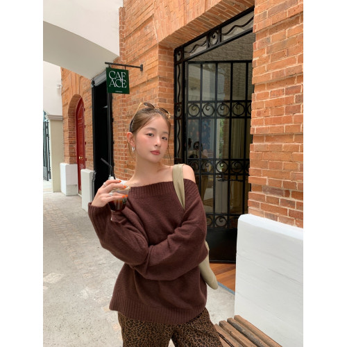 NEW OPEN2024秋季日韓休閒慵懶風馬卡龍色斜肩毛衣女