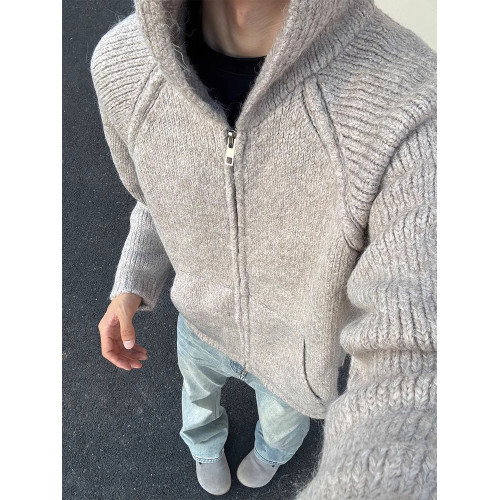 美式復古灰色毛衣外套男款開春cleanfit慵懶風高級感連帽針織開衫