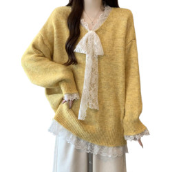 韓系V領蕾絲拼接針織衫女秋冬2025新款大碼胖mm中長款慵懶風毛衣