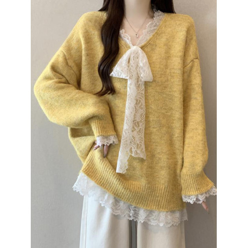 韓系V領蕾絲拼接針織衫女秋冬2025新款大碼胖mm中長款慵懶風毛衣